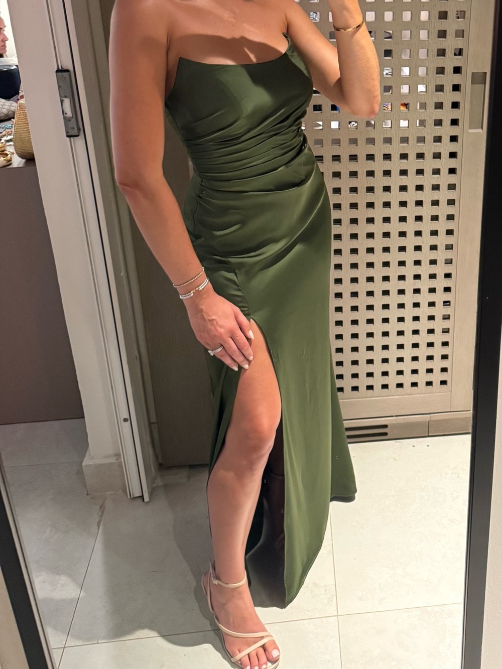 Azazie Olive Green Strapless Satin Evening Dress with Side Slit